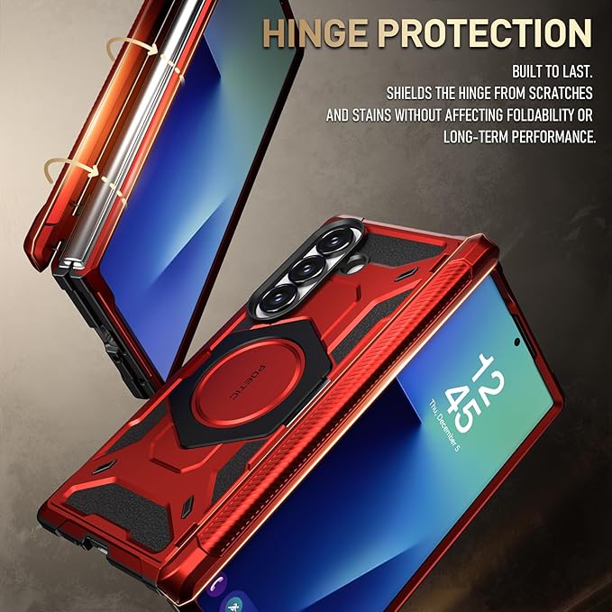 Poetic Spartan for Samsung Galaxy Z Fold 7 Case, [Hinge Protection][Magnetic Ring Adjustable Stand][Built-in Screen Protector][Compatible with MagSafe] Full-Body Rugged Phone Case, Metallic Red