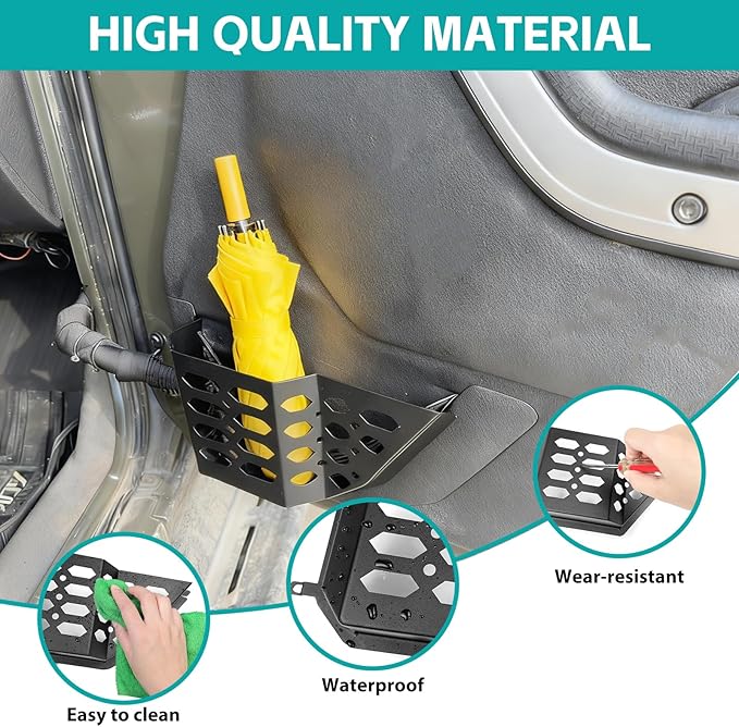 Front Door Pocket Cup Holder Organizer Compatible with 2007-2018 Jeep Wangler JK JKU Rubicon Sahara Accessories, Metal Door Side Insert Storage Box Expansion Accessories Replace Sagging Net