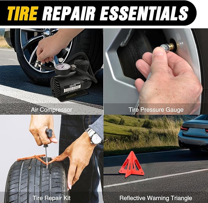 Nilight Car Emergency Kit with Jumper Cable Air Compressor Tire Repair Essential Tools First Aid Alligator Connector Electrical Kit for Travel Camping Outdoor Cars Truck SUV RV