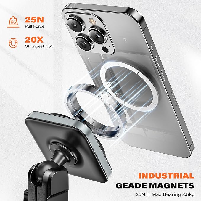 APPS2Car Heavy-Duty Vacuum Suction Phone Mount [Industrial 20x N55 Magnet, Alloy Arm, Ultra-Stable Suction Cup] for iPhone MagSafe/Samsung/Android, Magnetic Phone Holder for Car Windshield Dashboard