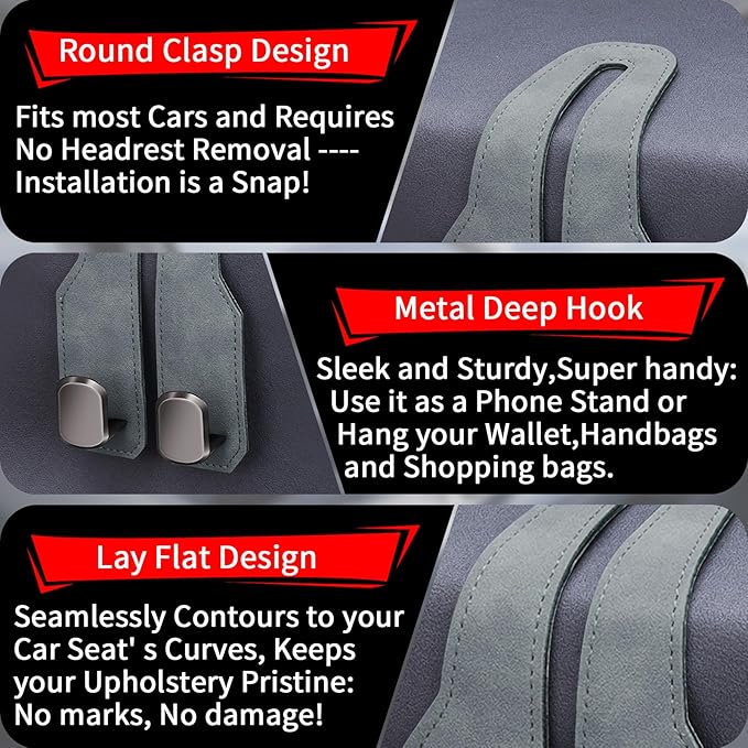 Car Seat Headrest Hooks for Purses and Bags, 2 Pack Bag Purse Holder for Car With Double Metal Hooks, Car Purse Hanger, Headrest Back Seat Handbags Hook Cute Hanging Accessories, Grey