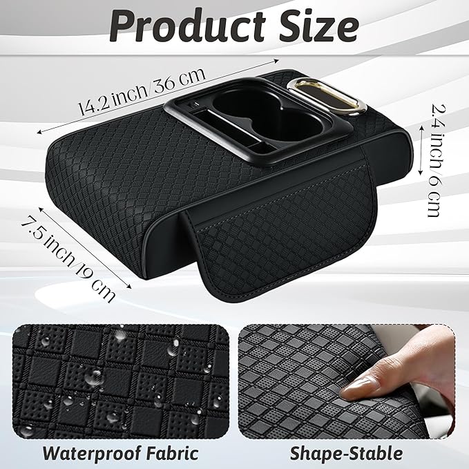 Car Armrest Box Mat - Multi-Functional Black Leather Center Console Cover Waterproof Height Enhancement Cushion with Storage Box Cup Tissue Phone Holder Card Pocket for Car Interior Accessory