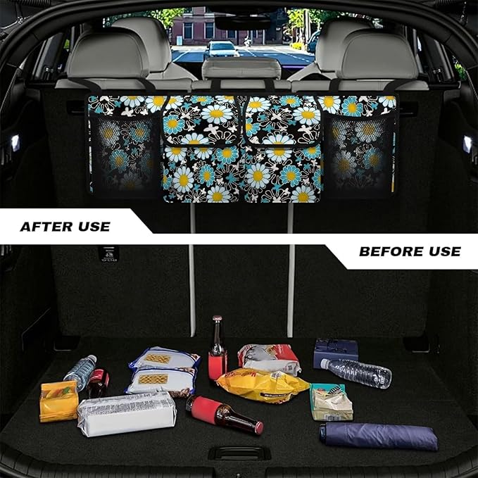Cartoon Sunflower Print Car Trunk Organizer, Car Accessories Universal Detachable Foldable Car Back Seat Storage Bag with 4 Pockets for Most SUVs Sedans Trucks Vans