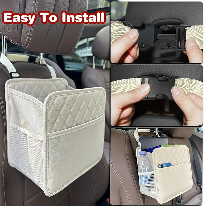 Witaxima Upgrade Car Seat Organizer Backseat with Storage Pockets, Multipurpose Car Organizer Hanging, Car Trash Bag Can,Premium PU Leather Garbage Can 2.14 Gallon Large Capacity Accessories Beige