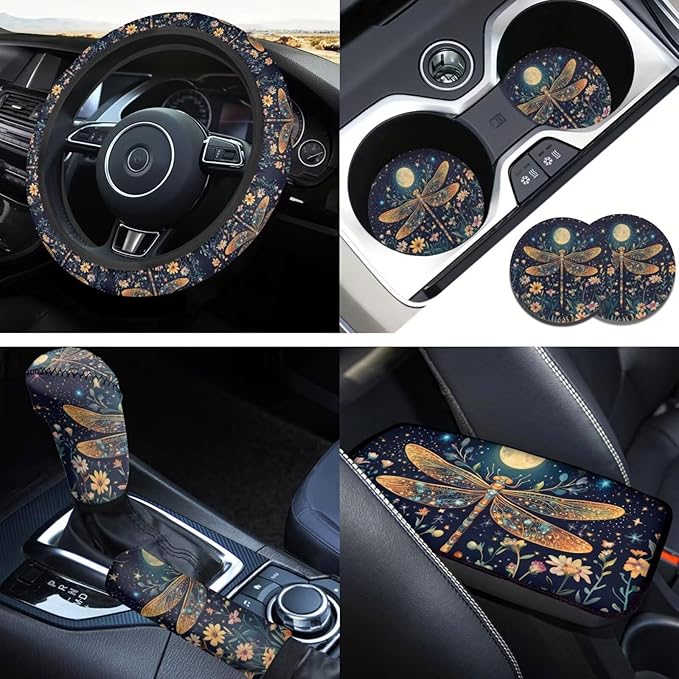 Dragonfly Print Car Steering Wheel Cover Sets for Women Moon Flower Auto Interior Accessories Cup Holder Armrest Pad Seatbelt Cushion Fit Vans Trucks,SUV