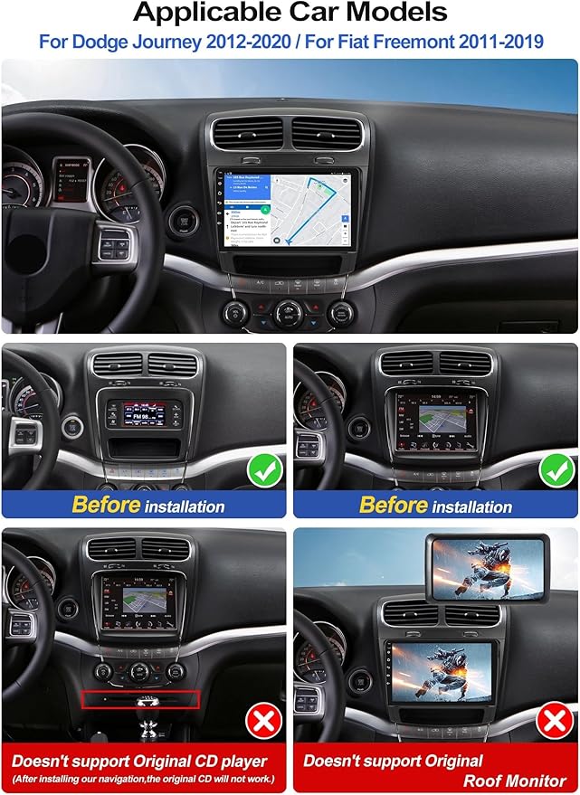 CAMECHO 4G+128G Car Radio Stereo for Dodge Journey 2012-2019 with Wireless Carplay Android Auto Android 15 Radio 9" 1280 * 720 Touch Screen Head Unit with GPS Bluetooth WiFi FM RDS Backup Camera
