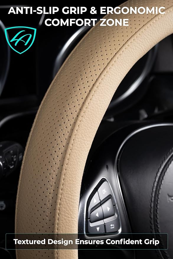 Lord Autofashion Steering Wheel Cover – PU Leather, Non-Slip Rubber Inner, All-Season Comfort – 14.5–15 Inch (Beige 8397)