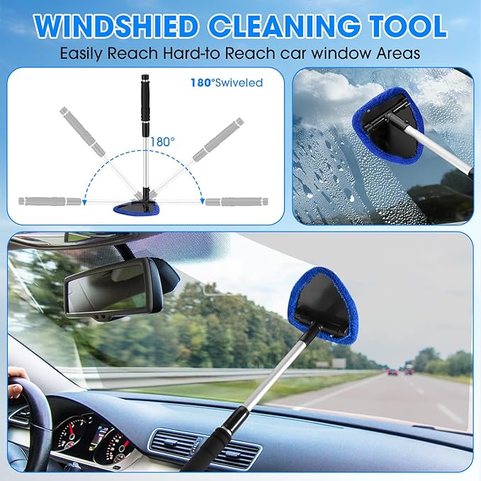 Windshield Cleaner Tool, Car Interior Cleaning Kit with Extendable Handle and 3 Reusable Microfiber Pads, Auto Glass Wiper and Detailing Brush Kit for Car & Home Window, Blue