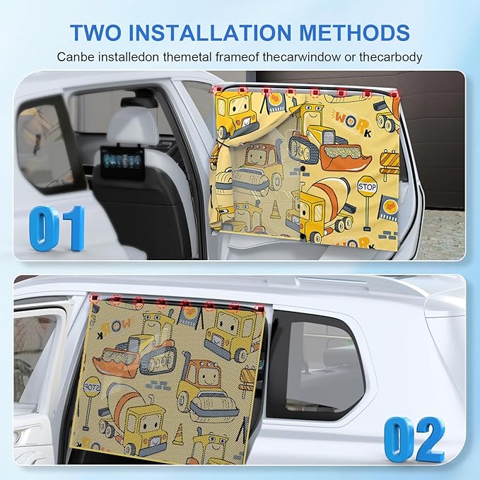 Car Window Shades with 8 Magnets-26.8"x19.7" Car Rear/Side Window Sunshade for Baby Semi-Transparent 2-in-1 Universal Auto Sun Shade for Kid & Pet Protection (2 Pack) Construction Vehicle Cartoon
