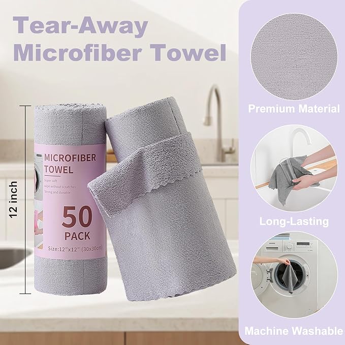 Jessy Home 2 Roll Reusable Paper Towels,100 Sheets Tear Away Microfiber Cleaning Cloth, Lint Free Cleaning Rags for Kitchen, Dishcloth,Household Cleaning Supplies