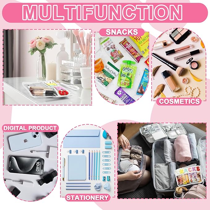 Snack Bag for Travel - Clear Chenille Varsity Letter Flat Pouch with Zipper, 12.2×8.46 inch Waterproof Clear Nylon Preppy Patch Makeup Cosmetic tote Bags for Women Girls