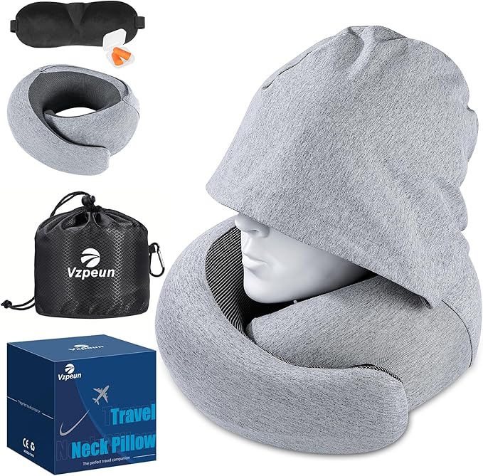 Travel Pillow - Hooded Neck Pillow Airplane Memory Foam Filling for Plane, Cars Sleeping, Road Trip, Long Flights, Airplane Travel Essentials, Includes Eye Mask & Earplugs (Light Gray)