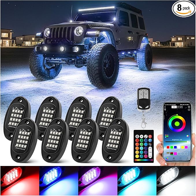 8 Pods Segmented RGB LED Rock Lights for Trucks Golf Cart Offroad Pickup SUV UTV, 12V Waterproof Underglow Lights Kit with APP/RF Multi Zone Control, Neon Multicolor Underbody Light with Brake