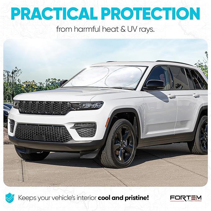 FORTEM Car Sun Shade for Windshield, Reflective Windshield Sunshade, 240T Polyester, Automotive Interior Sun Protection, Ultimate Heat and UV Shield, Foldable, Storage Bag