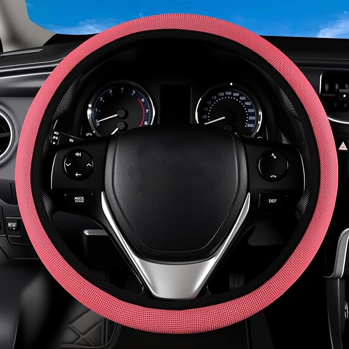 Red Mesh Steering Wheel Cover, Universal 15 inch, Elastic Stretch Microfiber Breathable Ice Silk Cover, Anti-Slip, Odorless, Sweat Absorption, Warm in Winter and Cool in Summer