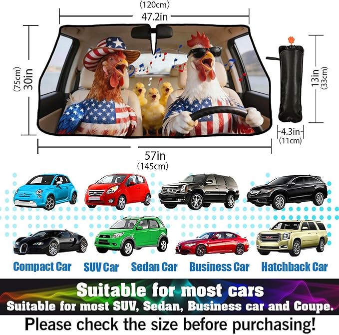American Flag Chicken Car Windshield Sunshade Umbrella Funny Rooster Singing Sun Shade for Car Windshield Umbrella Upgraded Sunshades Blocks UV & Heat Front Window Shades for SUV Sedan Auto