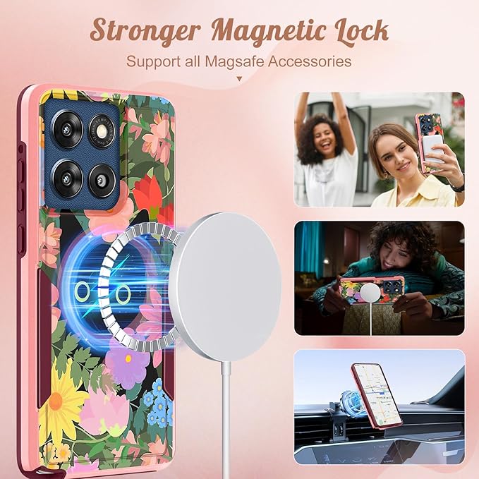 for Moto G Stylus 2025 Case - Compatible with MagSafe Women Cute Girls Magnetic Phone Cover Girly Cat Flower Floral Heavy Duty Shockproof Design for Motorola Moto G Stylus 5G 2025 Cases