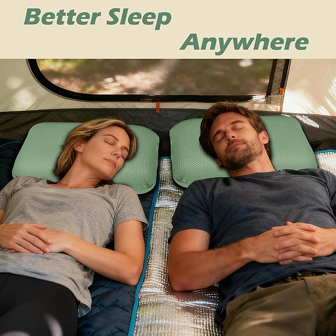 Cooling Camping Pillow, Memory Foam Travel Pillow with Adjustable Buckle Strap & Storage Bag, Compact Small Pillow for Airplane, Car Lumbar, Office, Washable Cooling Cover, Canopy Green