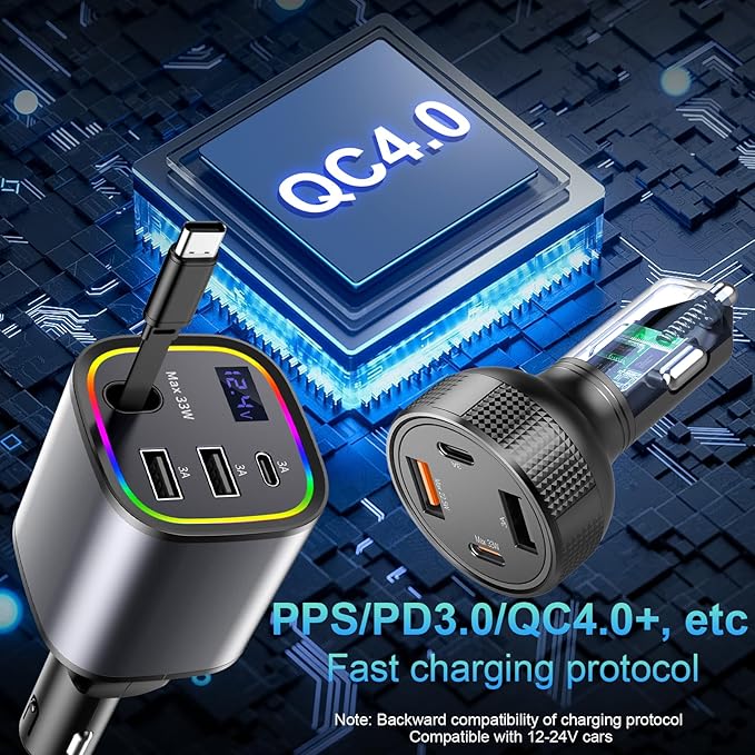 2 Car Charger USB C, AGEMANY 78W Retractable Car Charger with Cable 4in1 & 4 Ports Cigarette Lighter Adapter 85.5w Fast Charging Car Phone Charger for iPhone Android, 12v/24v Car Accessories Gift