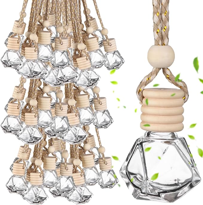 210Pcs 8ml Hanging Car Air Freshener Diffuser Empty Clear Glass Essential Diffuser Oil Aromatherapy Fragrance Perfume Pendant Glass Vials with Wooden Caps Hanging String Car Diffuser Bottles