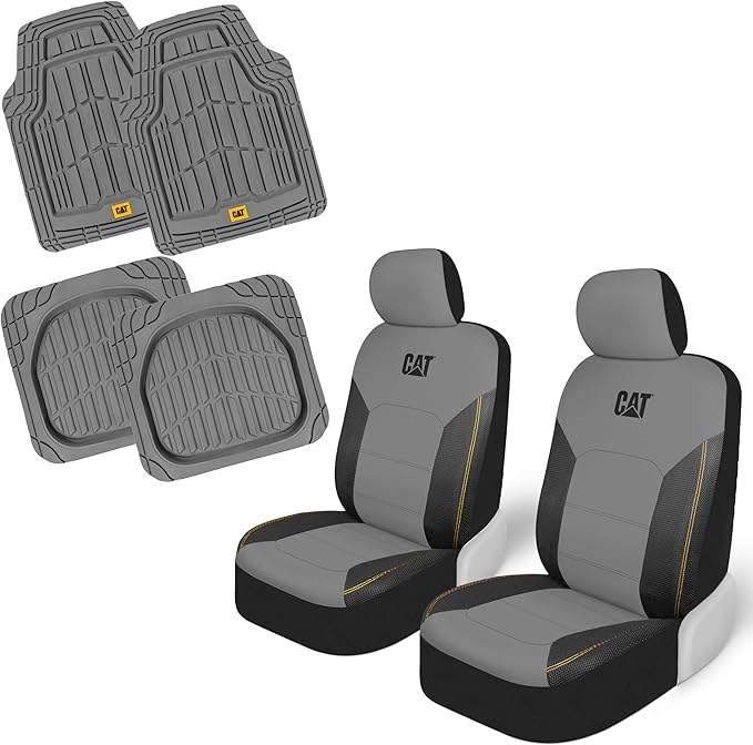 CAT PU Leather Seat Covers for Cars – (2) Front Seat Covers with (4) All-Weather Heavy-Duty Floor Mats for Trucks, Cars, & SUVs Combo Set – Car Interior Protection Liners for Car Seats and Floors