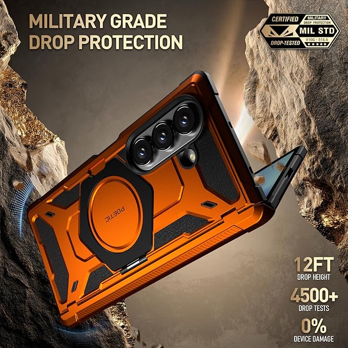 Poetic Spartan for Samsung Galaxy Z Fold 7 Case, [Hinge Protection][Magnetic Ring Adjustable Stand][Built-in Screen Protector][Compatible with MagSafe] Full-Body Rugged Phone Case, Metallic Orange