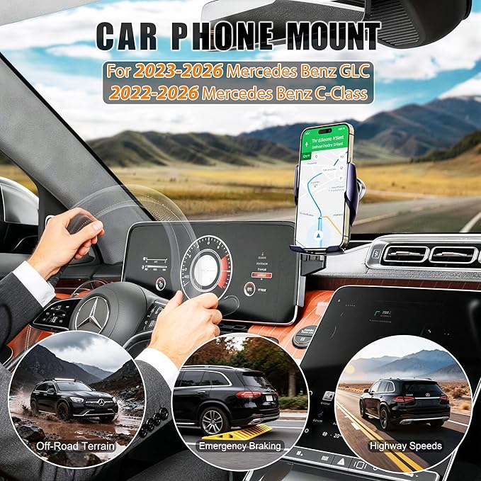 Car Phone Mount for 2023-2026 Mercedes Benz GLC / 2022-2026 C-Class, Smart Auto-Clamping on 12.3" Instrument Cluster Screen, 15W Wireless Fast Charging, 360° Adjustable, Without Blocking Airflow