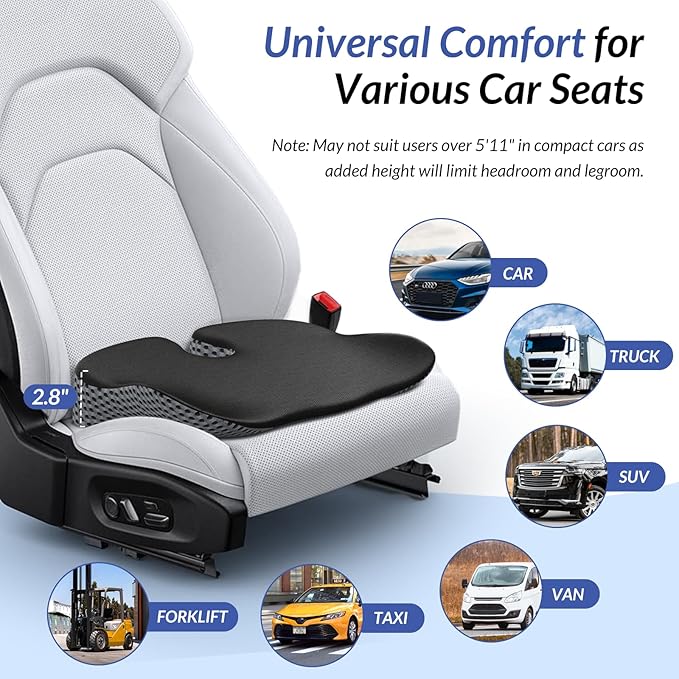 ZIKEE Ergonomic Wedge Car Seat Cushion with U-Shaped Design for Tailbone, Back & Sciatica Pain Relief, High-Density Memory Foam Seat Cushion for Car, Raised Back for Wider Vision, Anti-Slip Bottom