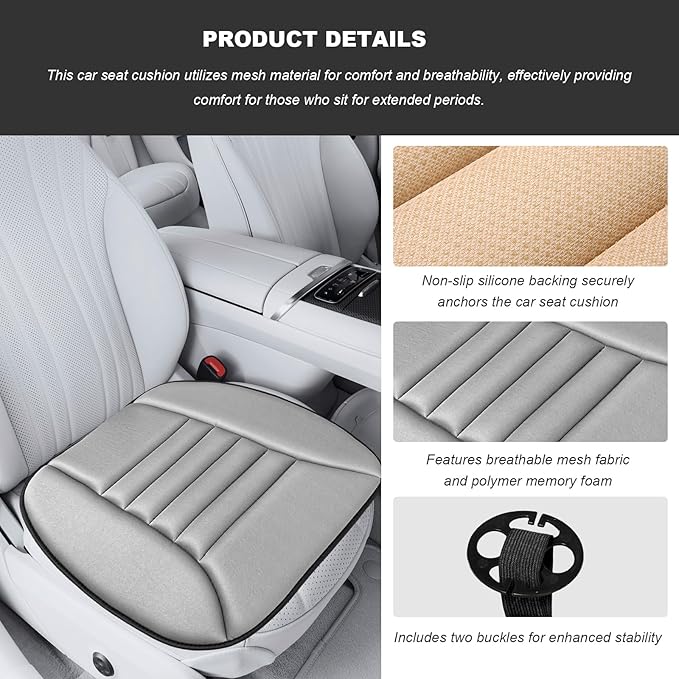 Car Seat Cushion, Breathable Driver Seat Protector with 1.2" Thick Comfortable Memory Foam, Universal Non-Slip Chair Pillow Pressure Relief Cushion Pad for Car Home Office (Gray)