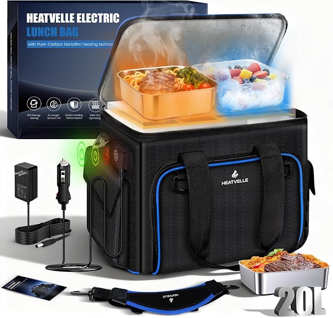 20L Large Heated Lunch Box Insulated Lunch Bag, Auto Temp Control Electric Lunch Box for Adults Men, 12/24/110V Portable Food Warmer for Truck/Car/Work/Travel, Lonchera Eléctrica Portátil