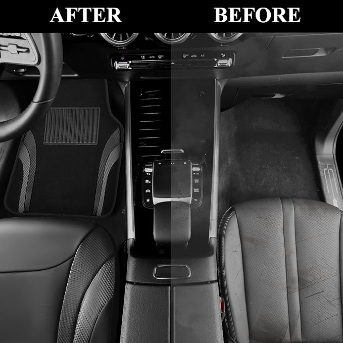 CAR PASS Premium Carbon Fiber Leather Car Seat Covers Full Set and Waterproof Car Floor Mats,Airbag Compatible,Automotive Interior Covers for Sedans,Trucks,Vans,SUV with Car Carpet Mats(Black)
