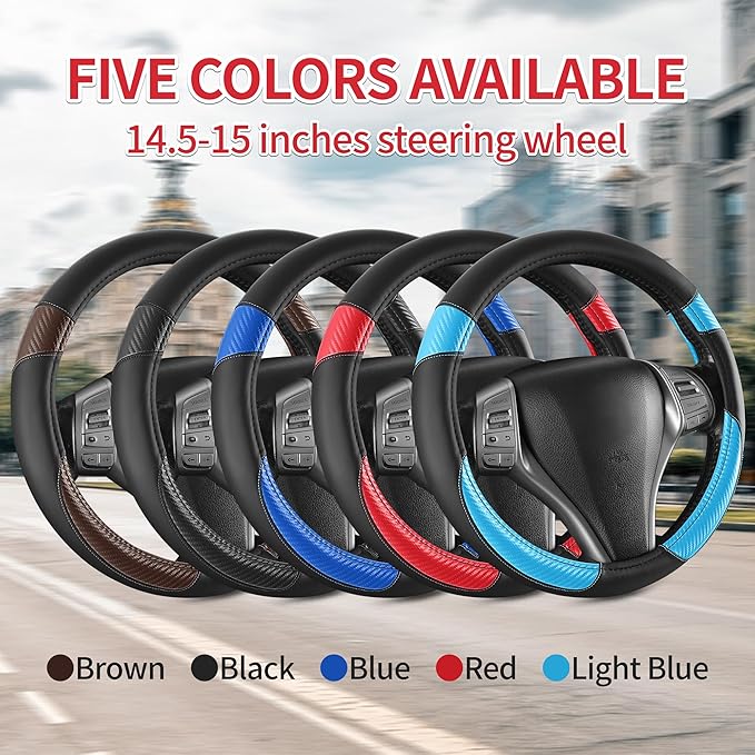 Non-Slip Car Nappa Leather Steering Wheel Cover,Universal Car Accessories Women Men Fit 14" 1/2-15" Suvs/Vans/Sedans/Cars/Trucks,Light Blue