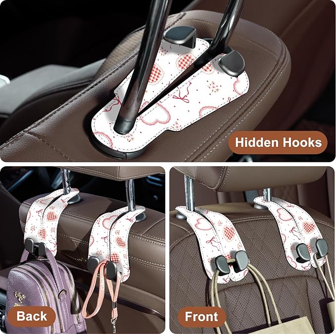 CoBak Purse Hook for Car - Universal Premium Stitched Leather and Aluminum-Magnesium Alloy Double Car Seat Back Storage Hook for Purses, Handbags, Bags (2 Pack),Heart Thread