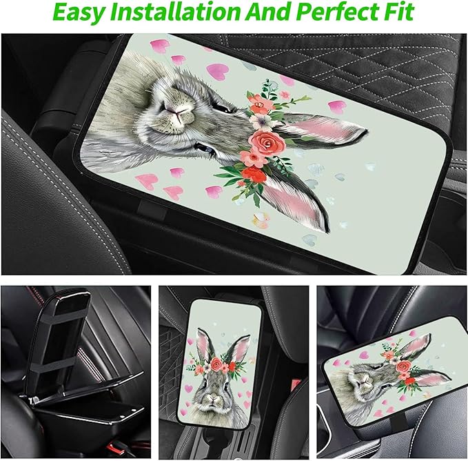Car Armrest Cover Pads Universal Fashion Cute Auto Center Console Armrest Cover Pad with 2PCS Car Coasters Soft Waterproof Car Armrest Seat Protector for Women, Cute Gray Rabbit