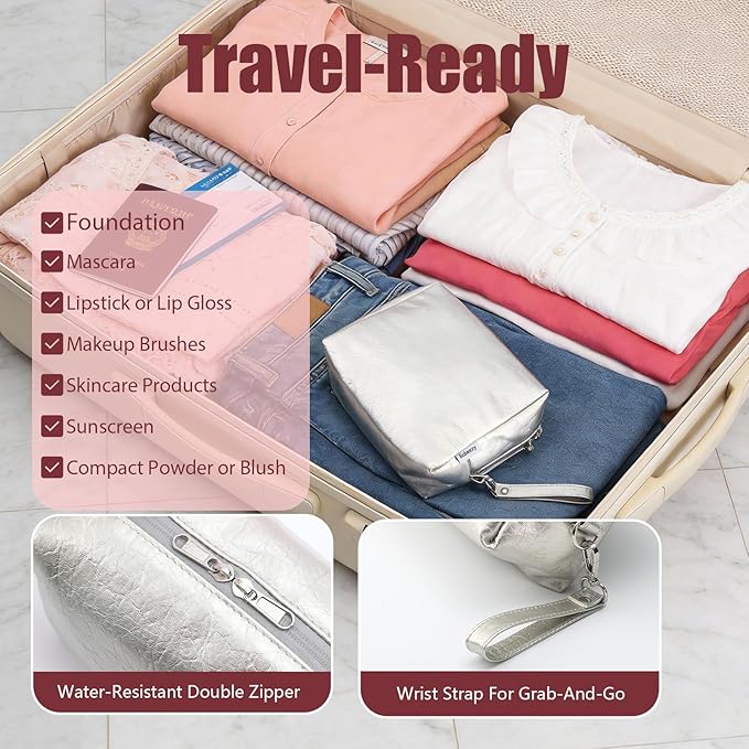 Insulated Cooling Makeup Bag with 2 Reusable Ice Packs Heat-Resistant Cosmetic Travel Organizer Silver Vegan Leather with Water-Resistant Double Zipper & Wrist Strap (Medium: 9.5x4.0x7.0in)