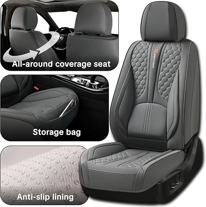 Universal Gray Leather Car Seat Covers Full Set – Waterproof Automotive Seat Protector for Cars, SUVs & Pickups, Airbag Safe, Non-Slip Design, Easy Installation, Durable Material