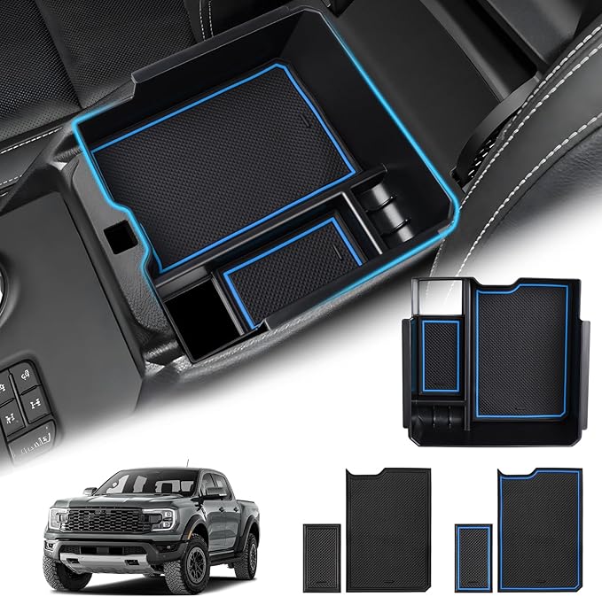 Sunsdrew Center Console Organizer Compatible with 2024-2025 Ford Ranger, Armrest Storage Box Insert with 2 Color Mats, Ford Ranger Accessories - ONLY FIT Electric Handbrake Version