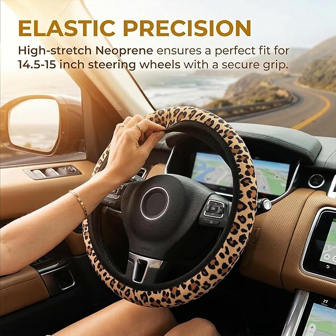 Brown Leopard Print Steering Wheel Cover Cheetah Animal Print Steering Wheel Cover Anti-Slip Breathable Universal 15 Inch Car with 2 Pieces Car Coasters Suitable for Men Women