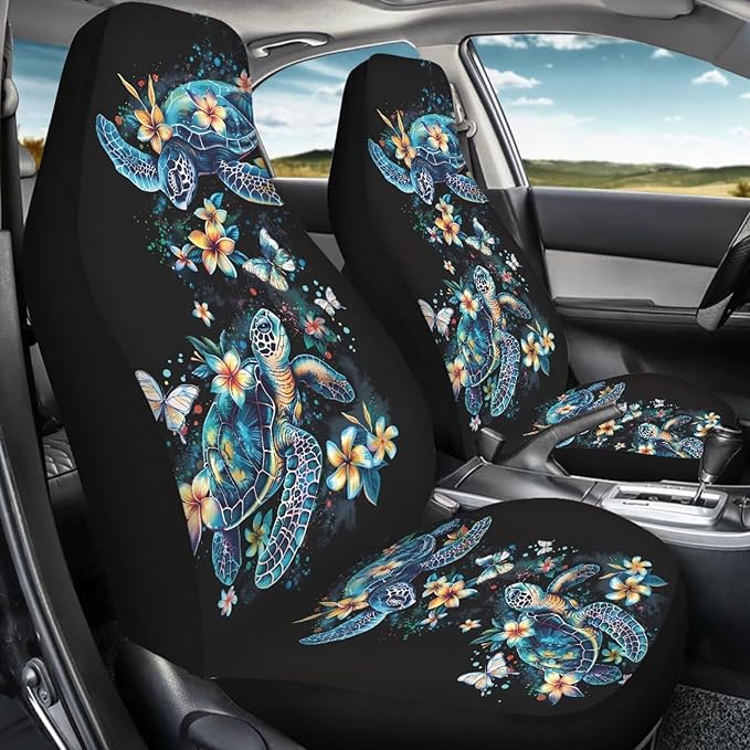 Car Seat Cover Set of 2 Car Seat Covers,Breathable Soft Bucket Seats High Back Seats Protector Cushion Universal Fit Most Vehicle Interior Set(Blue Sea Turtle with Fresh Flowers 51)