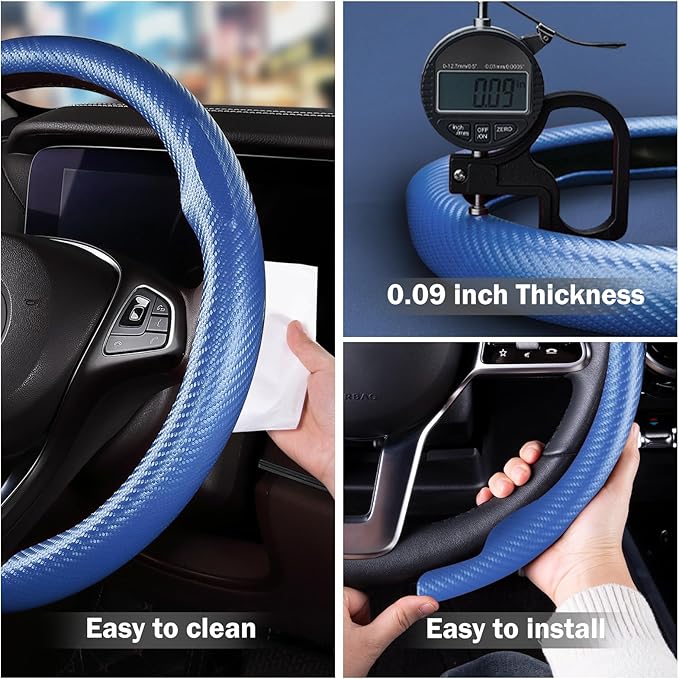 Car Steering Wheel Cover Carbon Fiber Snap On Steering Wheel Accessories Wrap 14.5-15 inch Universal Grip Anti-Skid Protector, Matte Blue
