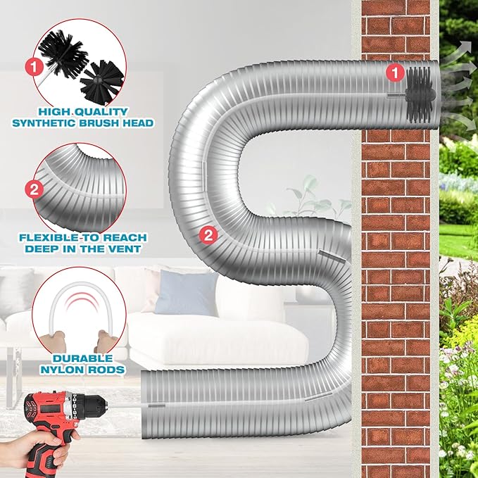 PetOde 42-Feet Dryer Vent Cleaner Kit, Lint Remover，Upgraded Flexible Quick-Snap Brush with Drill Attachment,Extends Up to 42 FEET for Easy Cleaning，Cleaning Tools Use with/Without a Power Drill