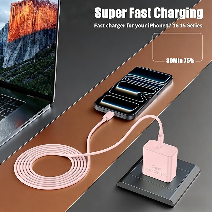 iPhone 17 16 Pro Max Charger Fast Charging, Super Fast USB C Chargers for iPhone 17(6FT+6FT+10FT) Type C Chargers Cord with Fast Charger Block for iPhone 17/16/15 Series/iPad/ GalaxyS26/S25/S24 Pink