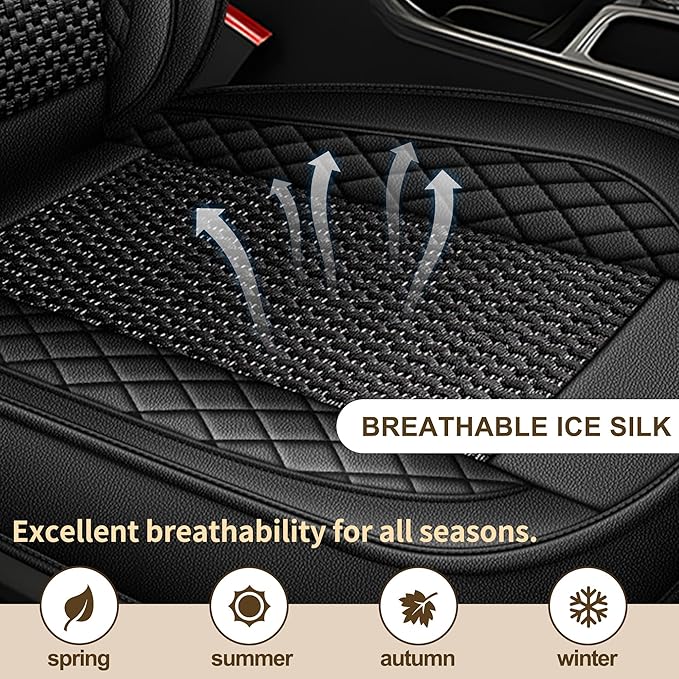 TTX LIGHTING for GMC Terrain 2010-2026 Car Seat Covers, Breathable Ice Silk & Leather Seat Protector, Cool & Anti-Sweat for Long Driving, Airbag Compatible, 5 Seats Full Set (Black)