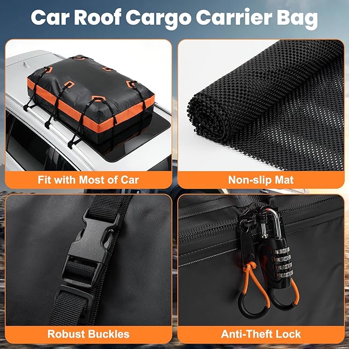 DUMOS Car Rooftop Cargo Carrier 15 Cubic Feet, Car Roof Waterproof PVC Bag, with Anti-Slip Mat,Combination Luggage Lock, Reinforced Straps & Door Hooks,Fit Vehicles with/Without Roof Racks