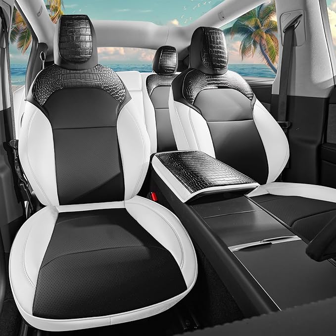 for Tesla Model Y 2025 2026 Seat Cover Full Set Black and White Nappa Leather Seat Cover (Crocodile Black+White 25-26)