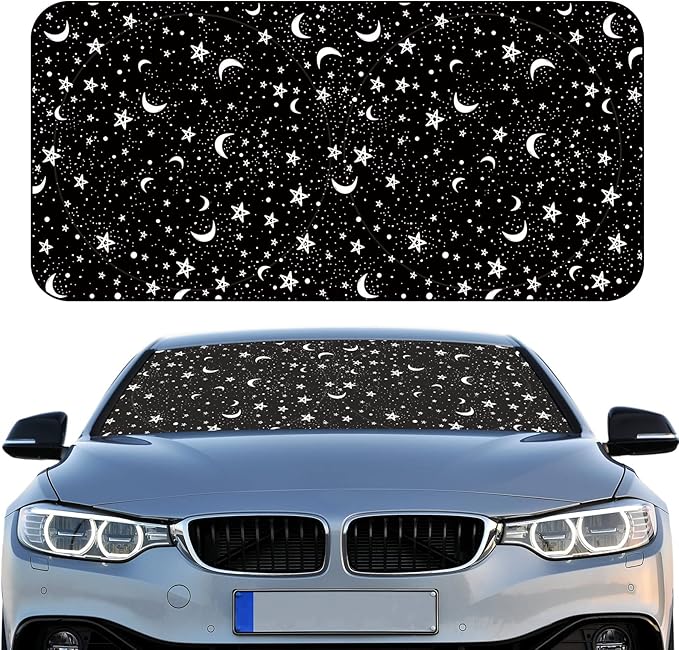 Woanger Windshield Sun Shade Foldable Car Front Window Covers for Car Accessories Sun Heat UV Rays Visor Protector Protection for Universal Cars SUV Truck (Moon Star)