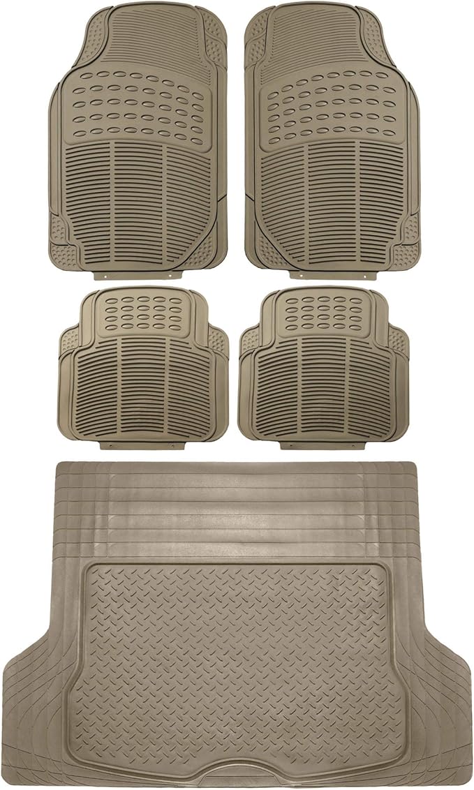 FH Group Trimmable Rubber Floor Mats Full Set - Universal Fit for Cars Trucks and SUVs F11305 + F16400 (Beige)