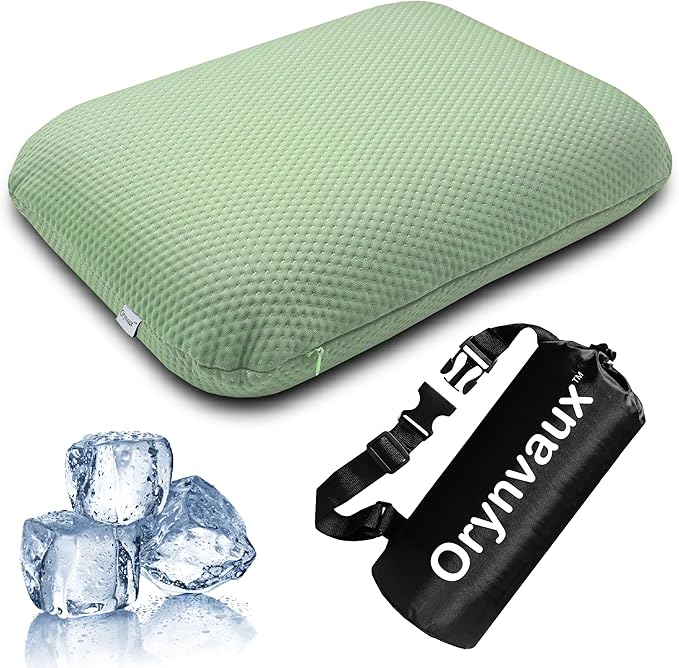 Cooling Camping Pillow, Memory Foam Travel Pillow with Adjustable Buckle Strap & Storage Bag, Compact Small Pillow for Airplane, Car Lumbar, Office, Washable Cooling Cover, Canopy Green