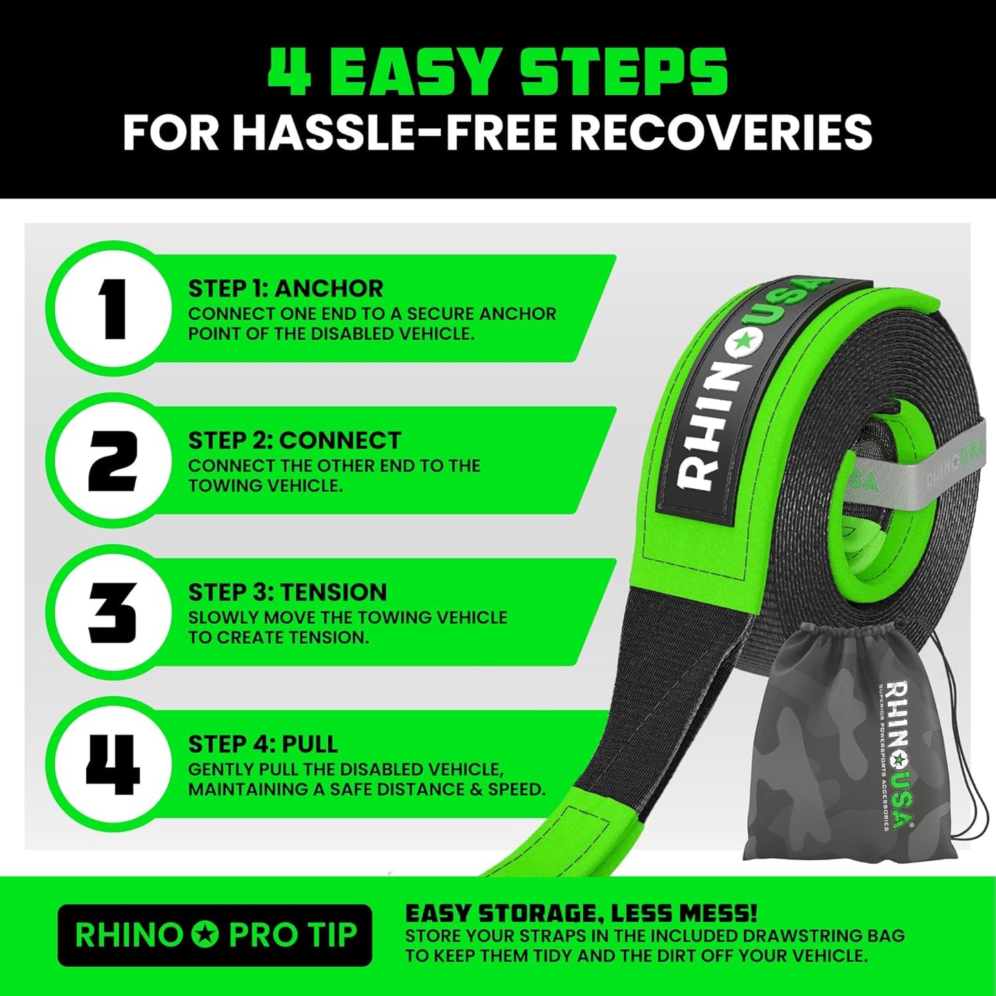 Rhino USA Recovery Tow Strap (3" x 20') - 31,518lb Break Strength - Emergency Recovery Strap Tow Rope for Truck, UTV, ATV & More - Heavy Duty Towing Strap for Offroad 4x4 Use - Compatible with Jeep