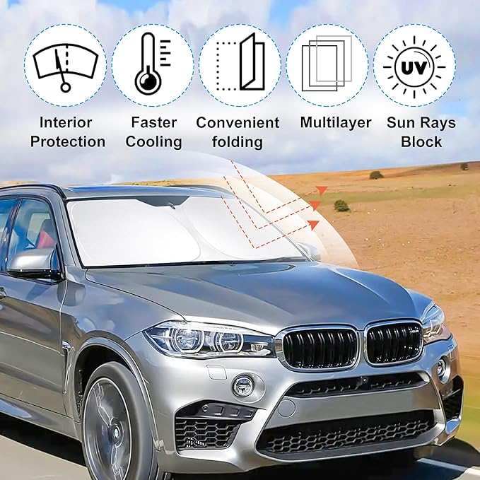 Windshield Sun Shade Custom Fit for 2014 2015 2016 2017 2018 BMW X5 Accessories Foldable Sunshade Sun Blocker Protect Car from Sun Rays & Heat Damage Keep Car Cooler
